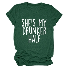 Detail of dark green cotton T-shirt featuring white SHE'S MY DRUNKER HALF print