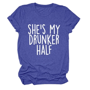Detail of heather blue tee with SHE'S MY DRUNKER HALF white lettering and crew neck