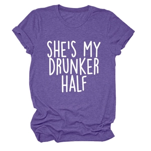 Detail of purple heather texture T-shirt with white SHE'S MY DRUNKER HALF slogan print