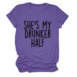 Detail view of heather purple crew neck T-shirt with She's My Drunker Half print