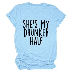 Detail of the sky blue cotton T-shirt featuring She Is My Drunker Half print