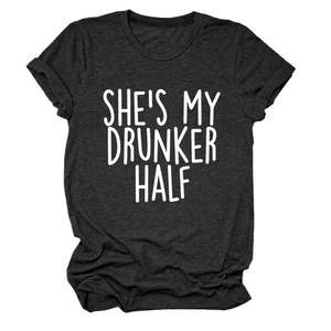 Minimalist dark grey crew neck T-shirt featuring She's My Drunker Half white print design