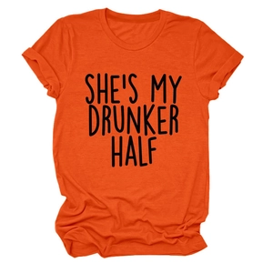 Detail of soft orange cotton T-shirt featuring She's My Drunker Half graphic print