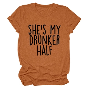 Detailed flat lay of burnt orange cotton t-shirt with SHE'S MY DRUNKER HALF slogan print