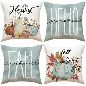 Autumn Fall Theme Decorative Pillowcase Polyester Linen Look Cushion Cover Pumpkin Maple Leaf Print Home Sofa Decor