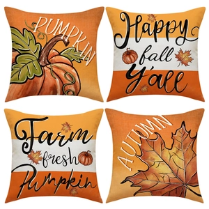 Set of 4 fall pumpkin pillow covers with autumn leaf prints and seasonal lettering for sofa