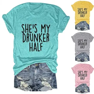 Women T-Shirt Short Sleeve Crew Neck Cotton Blend Shes My Drunker Half Printed Casual Summer Tops For Ladies