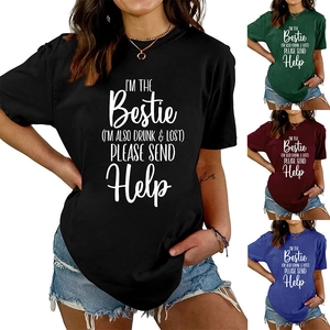 Women casual round neck tee with funny slogan print shown in four available colors
