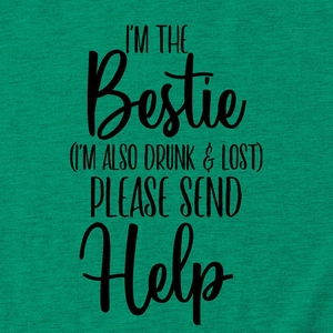 Detail of green cotton t-shirt fabric featuring black 'I'm the Bestie' slogan print