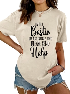 Detail of beige cotton T-shirt featuring black printed slogan with casual fit