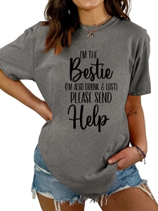 Detail of casual dark grey crewneck t-shirt with funny Bestie quote and cotton texture