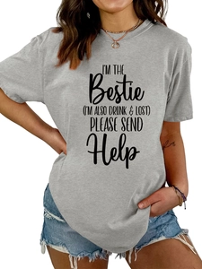 Detail shot of the humorous black text print on a casual grey crew neck t-shirt