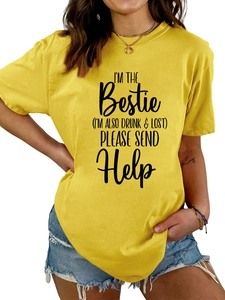 Detail of humor slogan print on bright yellow crew neck cotton T-shirt for women