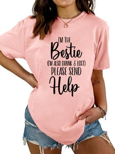 Detail of pink crew neck t-shirt with I'M THE BESTIE slogan print and casual fit