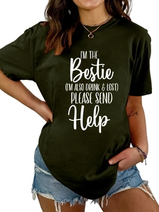 Detail of forest green oversized cotton T-shirt with I'M THE Bestie slogan print