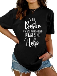 Close-up of casual black cotton T-shirt featuring a stylish white graphic text print