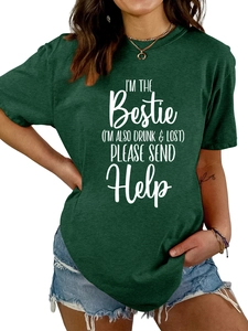 Close-up of the funny printed white text on dark green cotton crewneck t-shirt