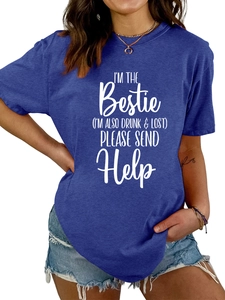 Detail of blue crew neck t-shirt with funny Bestie quote and white letter print