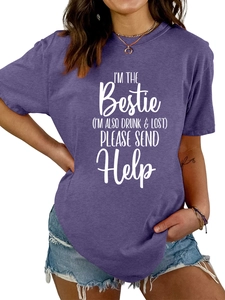 Detail of purple cotton T-shirt featuring white I'm The Bestie slogan text print