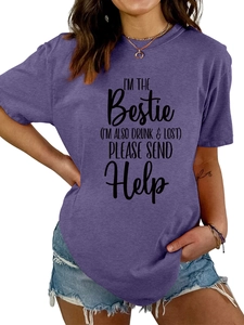 Detail view of purple crew neck t-shirt featuring I'M THE BESTIE slogan print