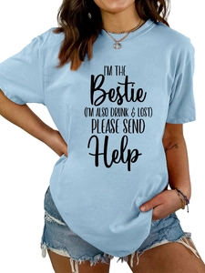 Detail of light blue crew neck cotton t-shirt with I'm the Bestie black slogan print