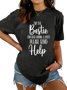 Detail of white slogan print on black crew neck cotton T-shirt for casual wear
