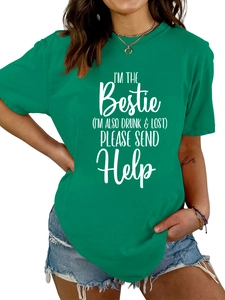Close-up of printed slogan text on a green cotton round neck casual t-shirt