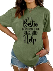Detail of army green crewneck T-shirt featuring humor Bestie quote print and casual style