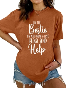 Detail of caramel cotton T-shirt featuring 'I'm the bestie' white printed lettering