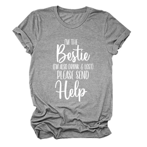 Detail of grey crewneck T-shirt with white Bestie graphic print and rolled cuffs
