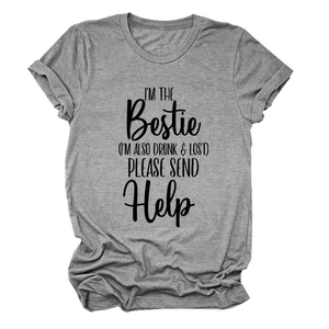 Detail of grey crewneck T-shirt featuring I'm The Bestie black printed slogan
