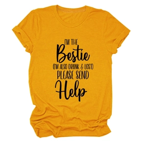 Close-up of mustard yellow crew neck cotton T-shirt with black letter print