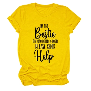 Detail of yellow cotton T-shirt featuring funny black Bestie text and rolled cuffs