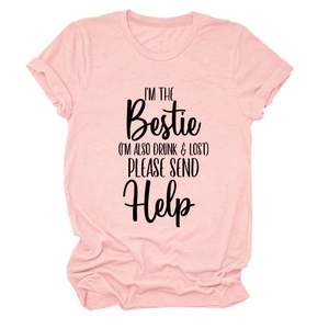 Detailed view of humor text print on soft pink crewneck cotton T-shirt for women