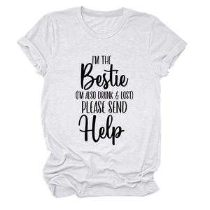 Detail of Bestie text print on a white crewneck cotton T-shirt with soft texture