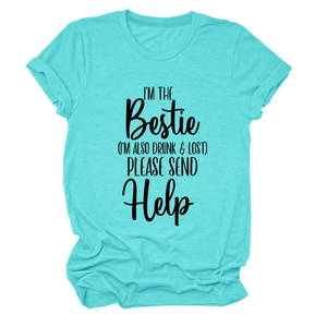 Close-up of rolled sleeves and printed quote on a turquoise casual crew neck T-shirt
