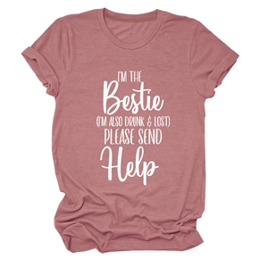 Detail of dusty pink crew neck T-shirt with white I'M THE Bestie slogan print