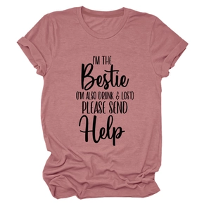 Detail of dusty rose crew neck t-shirt featuring printed funny slogan and cotton texture