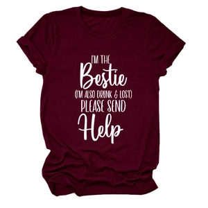 Detail view of the burgundy crewneck t-shirt with white 'I'M THE Bestie' graphic print