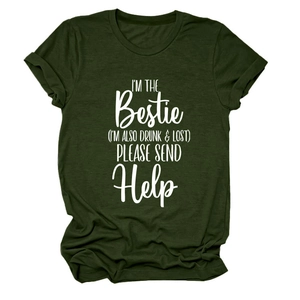 Detail of olive green t-shirt showing soft knit fabric and I'M THE BESTIE print