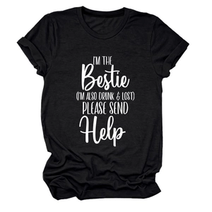 Flat lay of black cotton t-shirt with white I'M THE BESTIE typography on white backdrop