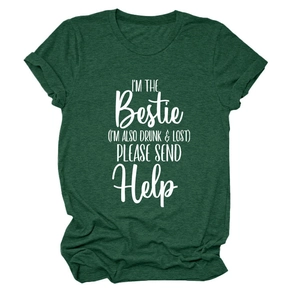 Detail of forest green crewneck T-shirt featuring I'M THE Bestie white slogan print