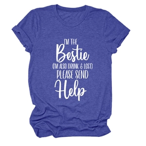 Detail of soft knit navy blue crew neck T-shirt with white graphic print lettering