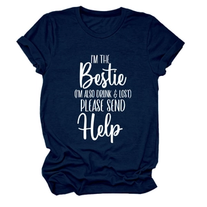 Detail of navy blue crewneck T-shirt showing rolled sleeves and white slogan print