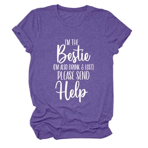 Detailed view of white typography on purple heathered cotton fabric t-shirt