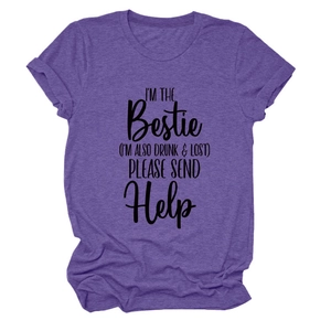 Close-up of heather purple t-shirt showing fabric texture and the I'M THE Bestie print