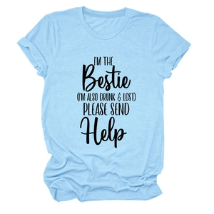 Detail of light blue cotton T-shirt featuring black printed humorous slogan and round neck