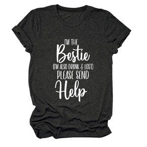 Detail of grey crewneck tee with I'M THE Bestie slogan and funny text print