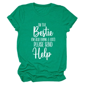 Detail of rolled cuffs and white lettering on an emerald green crewneck t-shirt