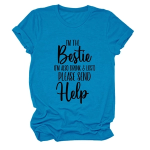 Detail of light blue cotton T-shirt featuring funny black Bestie letter print design